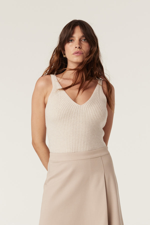 Pure Cashmere Rib Singlet - Oatmeal-Tops-Cable Melbourne