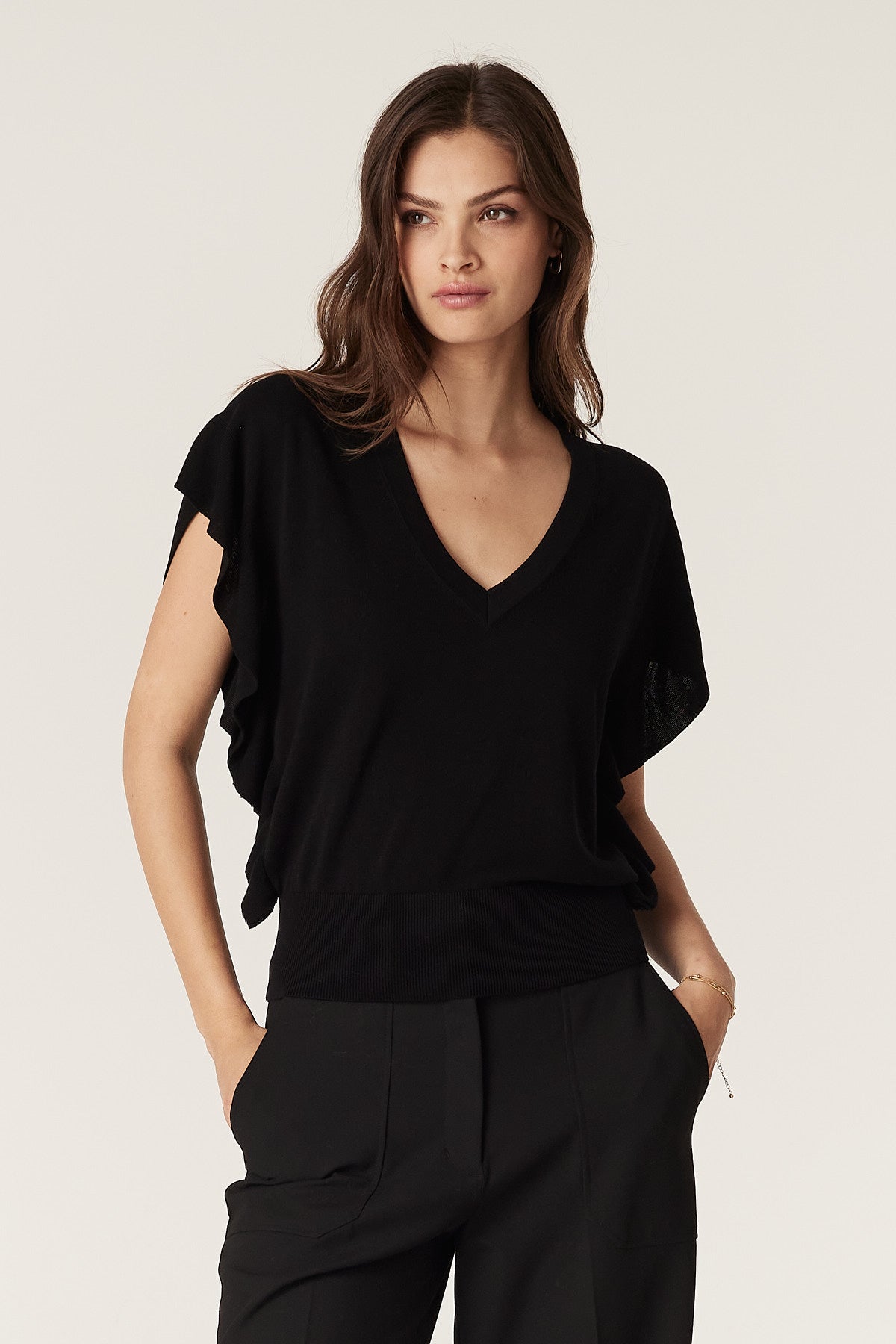 Silk Tencel Frill Top - Black – Cable Melbourne