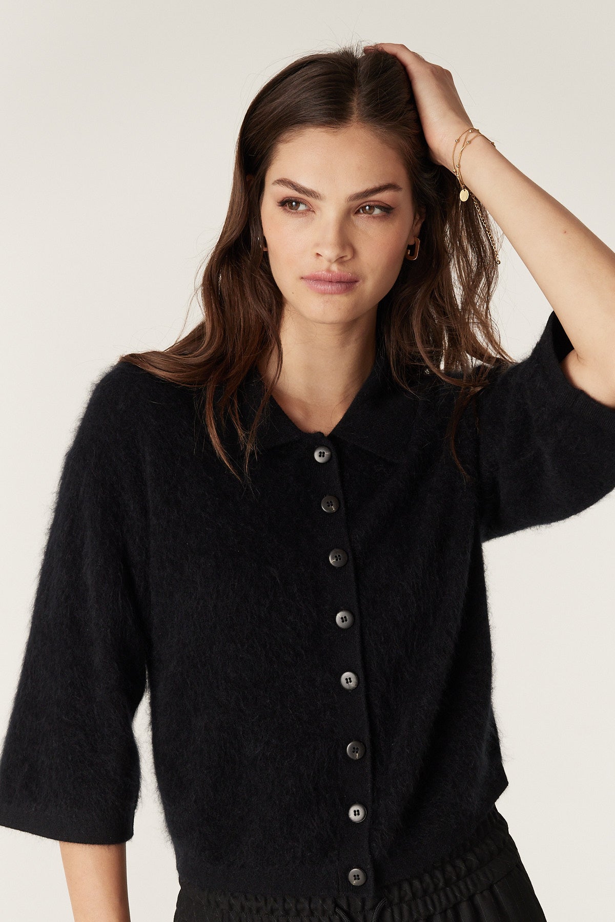 Brushed Cashwool Polo Cardigan - Black – Cable Melbourne
