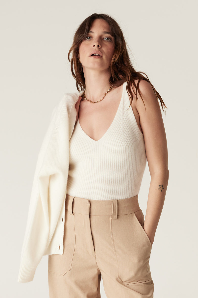 Pure Cashmere Rib Singlet - Milk-Tops-Cable Melbourne