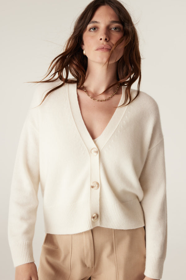 Pure Cashmere V Cardigan - Milk-Cardigans-Cable Melbourne