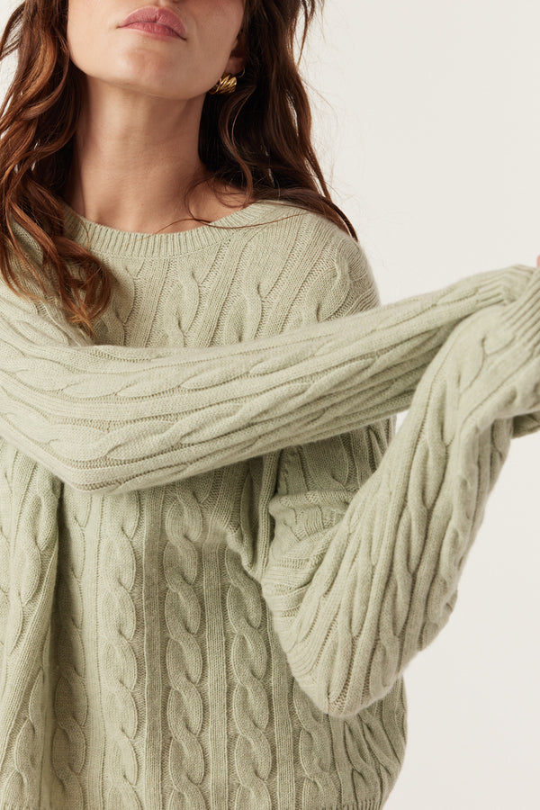 Cashwool Cable Crew Jumper - Pistachio Green-Jumpers-Cable Melbourne