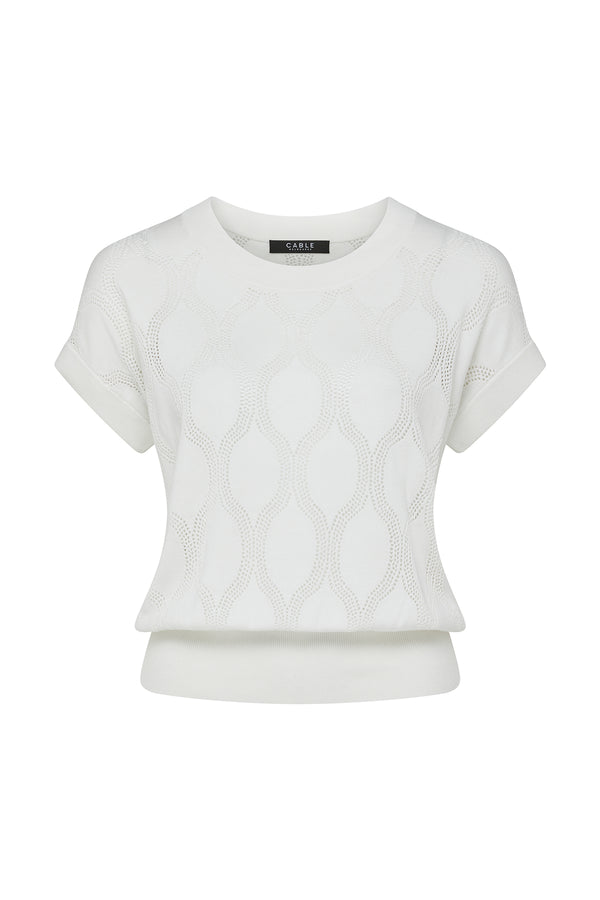White Silk Tencel Wave Knit Top with pointelle jersey stitch and rib trims.