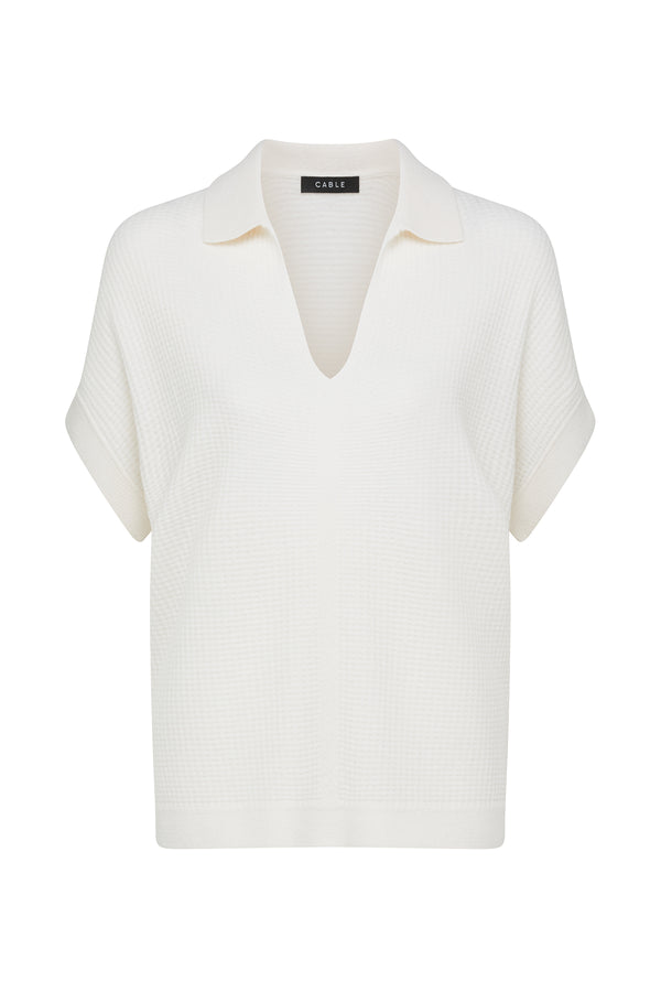 Milk Cashwool Waffle Top with V-neck collar, short sleeves, and ribbed Milano trims.