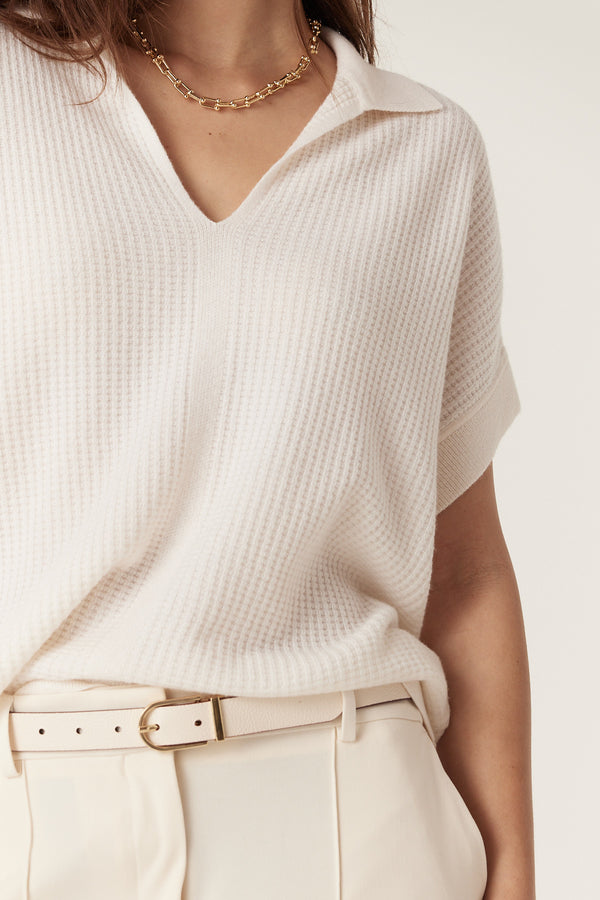 Milk Cashwool Waffle Top with V-neck collar, relaxed fit, and gold chain necklace.