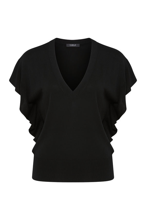 Black Silk Tencel Frill Top with V-neck, rib frill armholes, and ribbed trims.