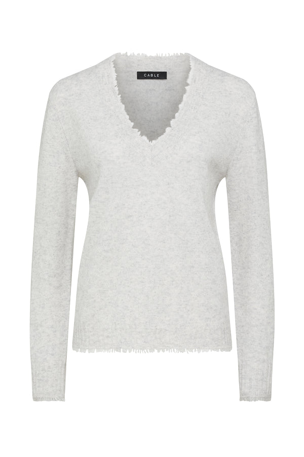 Frost Cashwool Aura Jumper with V-neck and loop fringing detail at neckline, cuffs, and hem.