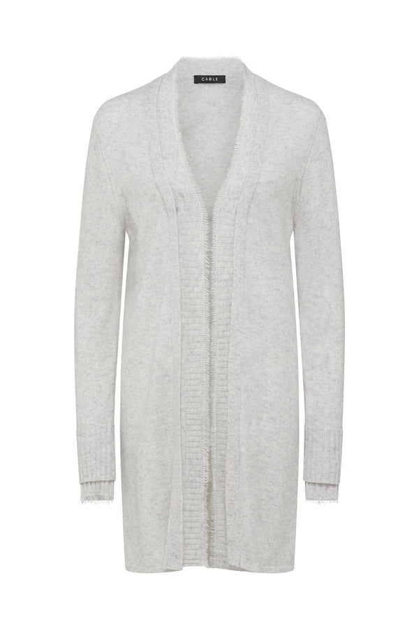 Frost Cashwool Aura Cardigan with open front, ribbed trims, and loop fringing detail.