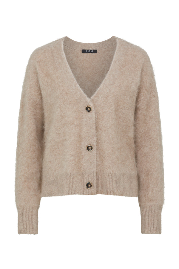 Mink brushed cashwool V-neck cardigan with three dark buttons and ribbed cuffs/hem.