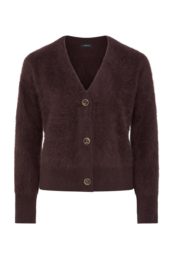 Shiraz brushed cashwool V-neck cardigan with three brown buttons.