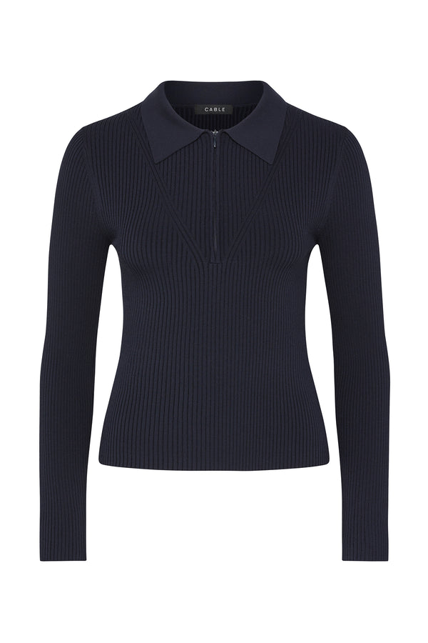 Navy rib knit polo zip top with a classic collar and vertical rib detailing.