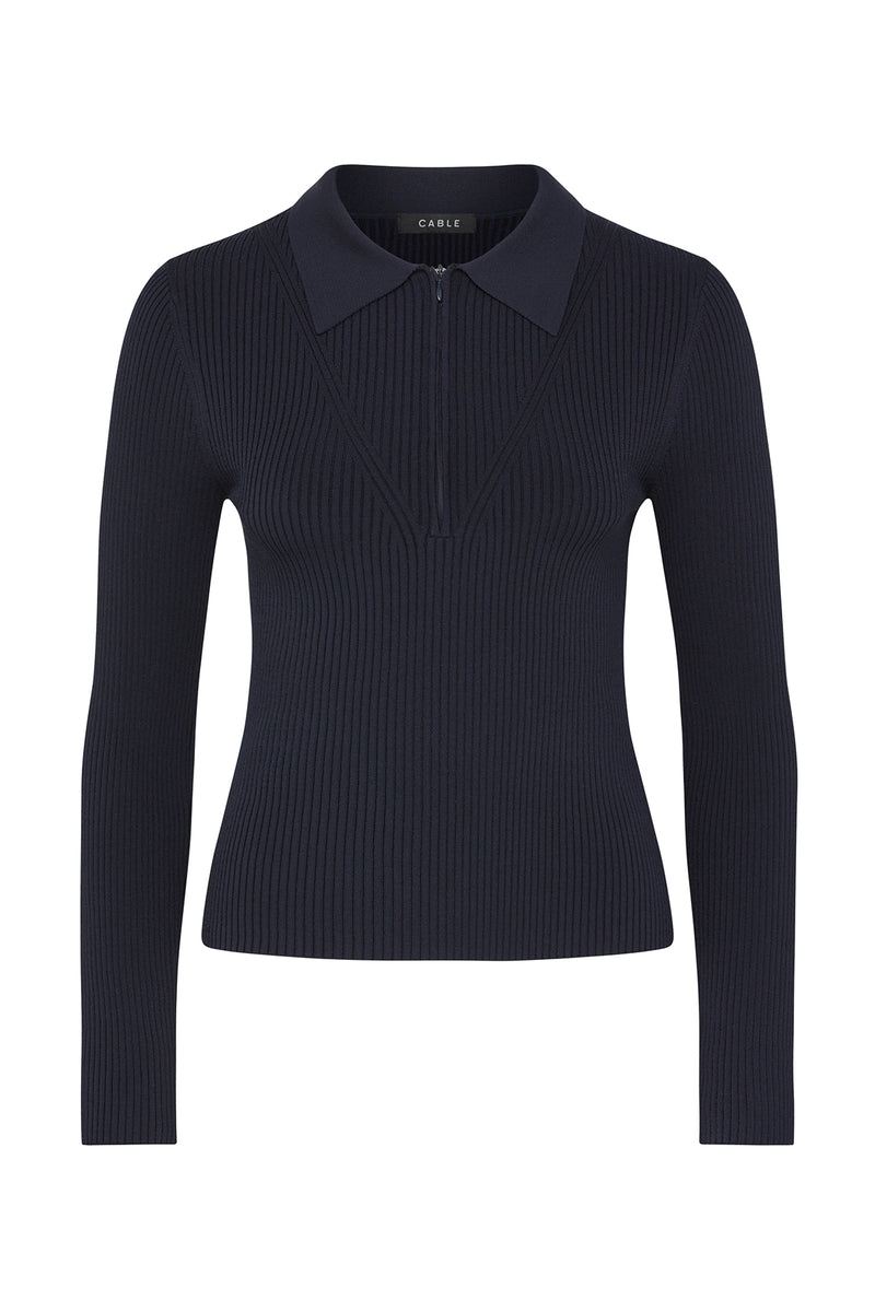 Rib Knit Polo Zip Top - Navy – Cable Melbourne