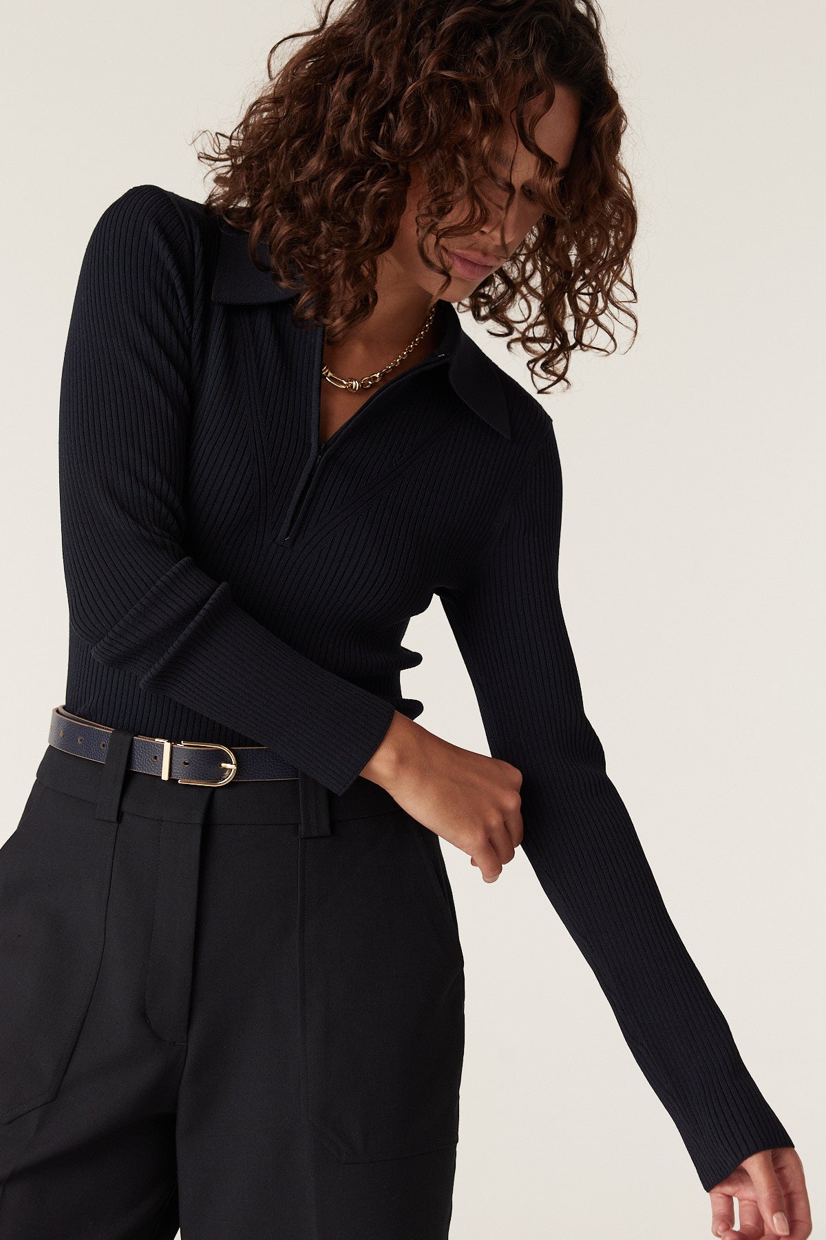Rib Knit Polo Zip Top - Navy – Cable Melbourne