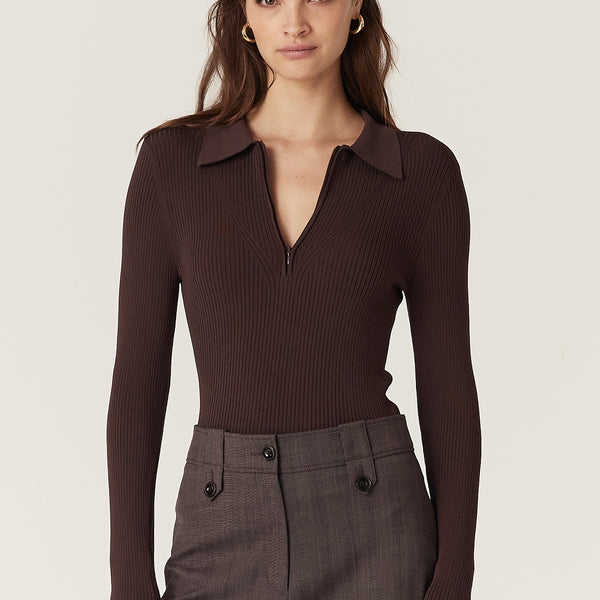 Rib Knit Polo Zip Top - Chocolate – Cable Melbourne