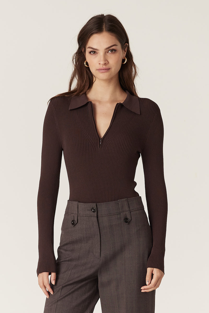Rib Knit Polo Zip Top - Chocolate – Cable Melbourne