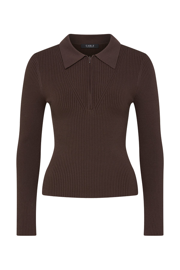 Chocolate brown rib knit polo zip top with a collar and vertical ribbing.