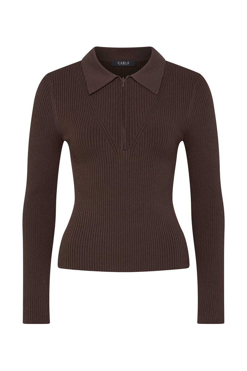 Rib Knit Polo Zip Top - Chocolate – Cable Melbourne