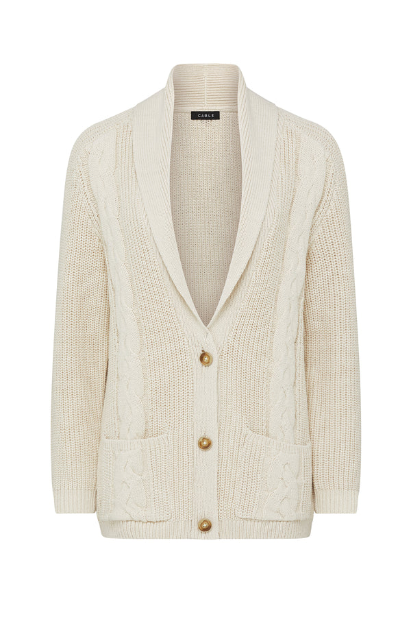 Oatmeal cotton linen blend Grandpa Cable Cardigan with shawl collar, button front, and patch pockets.