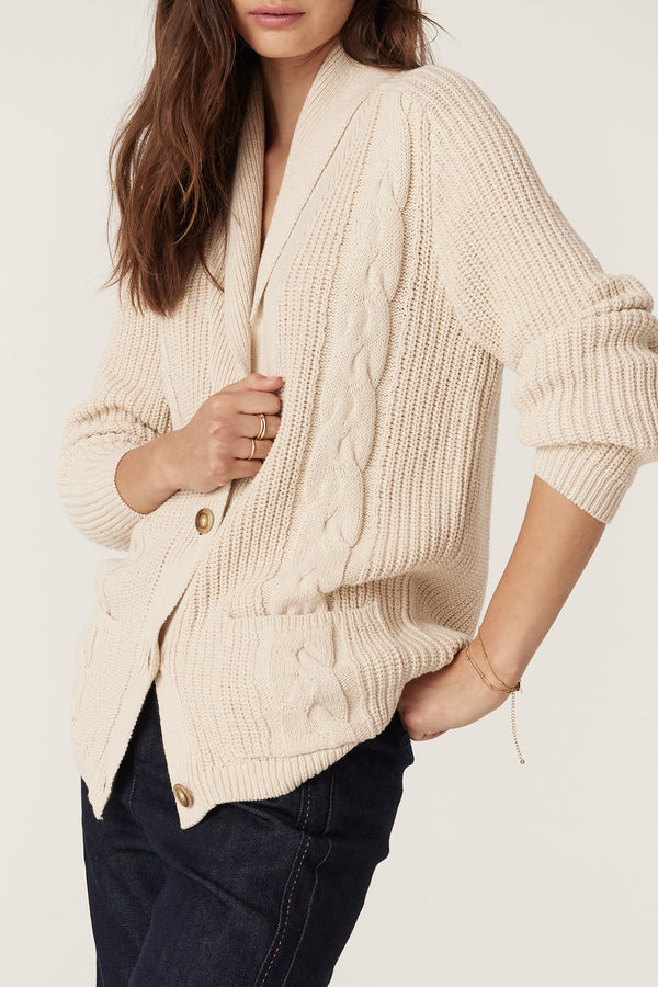 Oatmeal cotton linen Grandpa Cable Cardigan with shawl collar, button front, cable knit, and patch pockets.