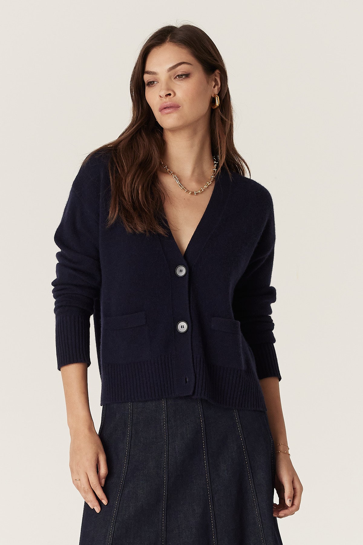 Cashmere Wool V-Neck Cardigan - Navy