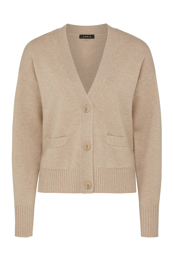 Camel Cashwool V-neck cardigan with three buttons and two front pockets.