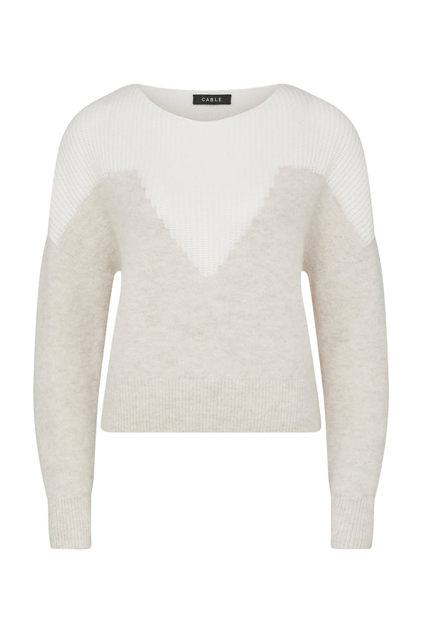 Oatmeal boat neck knit jumper with white chevron pattern and ribbed sleeves.