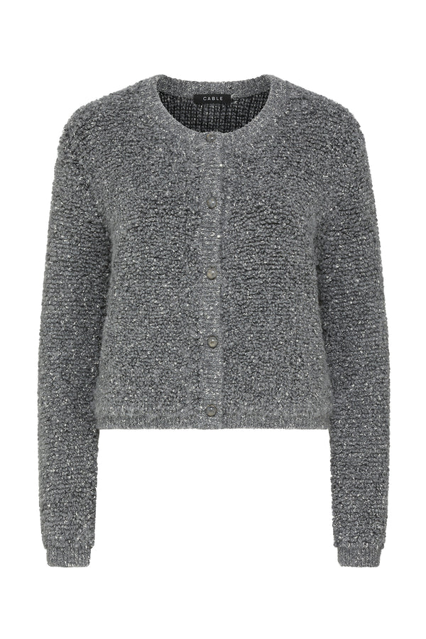 Ash grey teddy knit cardigan with textured boucle fabric and front buttons.