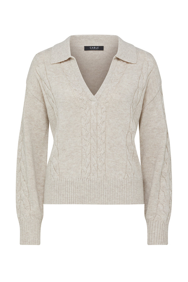 Sand Cashwool Cable Polo Jumper with V-neck, collar, and ribbed trims.
