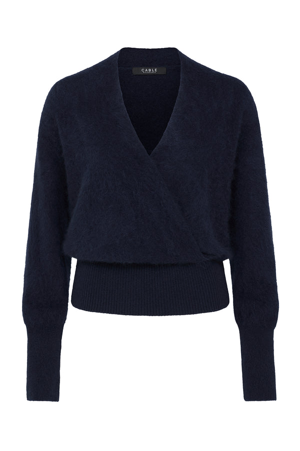 Navy brushed cashwool jumper with a flattering V-neck wrap design and ribbed hem.