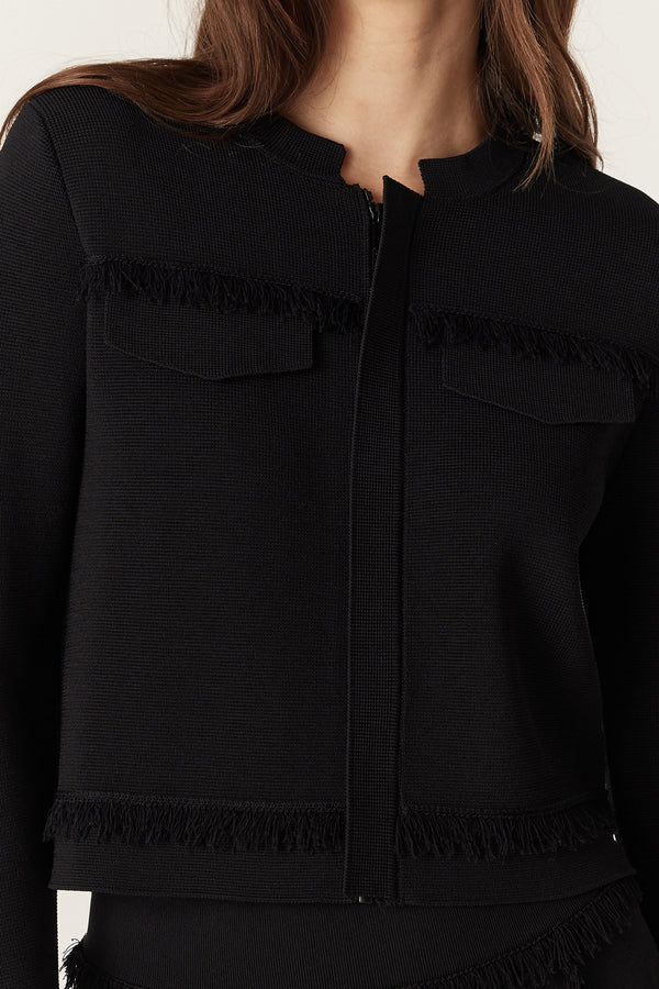 Black crepe fringe jacket with concealed zip, crew neck, and faux bust pocket flaps.