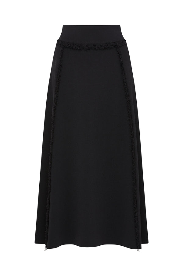 Black Crepe Fringe Skirt with midi length and fringe detail on waistband and seams.
