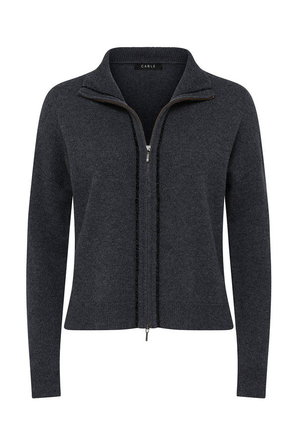 Charcoal Cashwool Track Zip Jumper with a relaxed fit, medium-weight knit, and chenille cord detail along the zip.