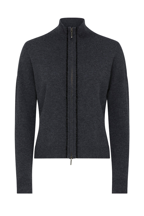 Charcoal Cashwool Track Zip Jumper with corded trim, rib collar, cuffs, and hem.
