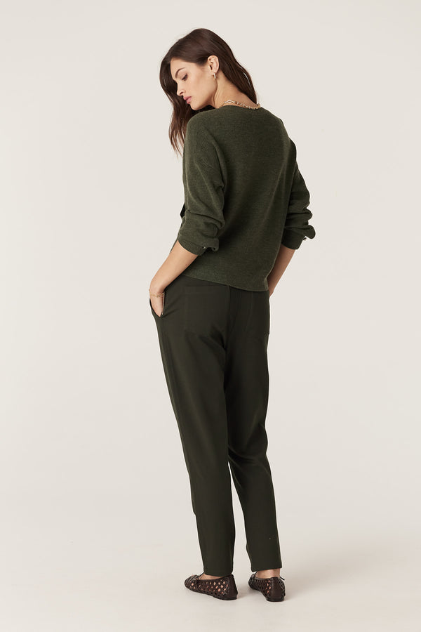Audrey Forest Merino Jumper, relaxed fit, V-neck, faux wrap front, with pleat tucks and statement cuff buttons.