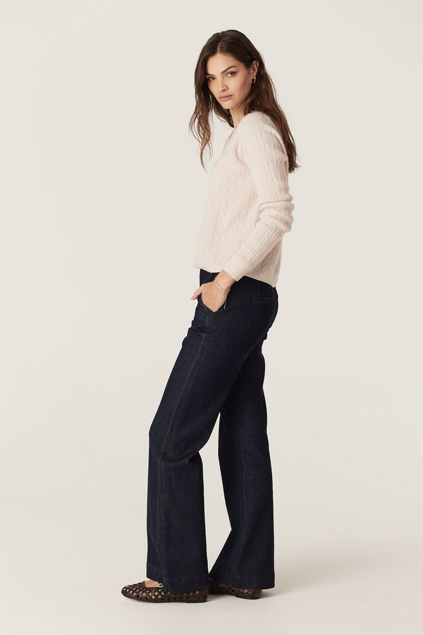 Blush Cashwool Cable Crew Jumper with classic crew neckline and textured knit, worn by a model.