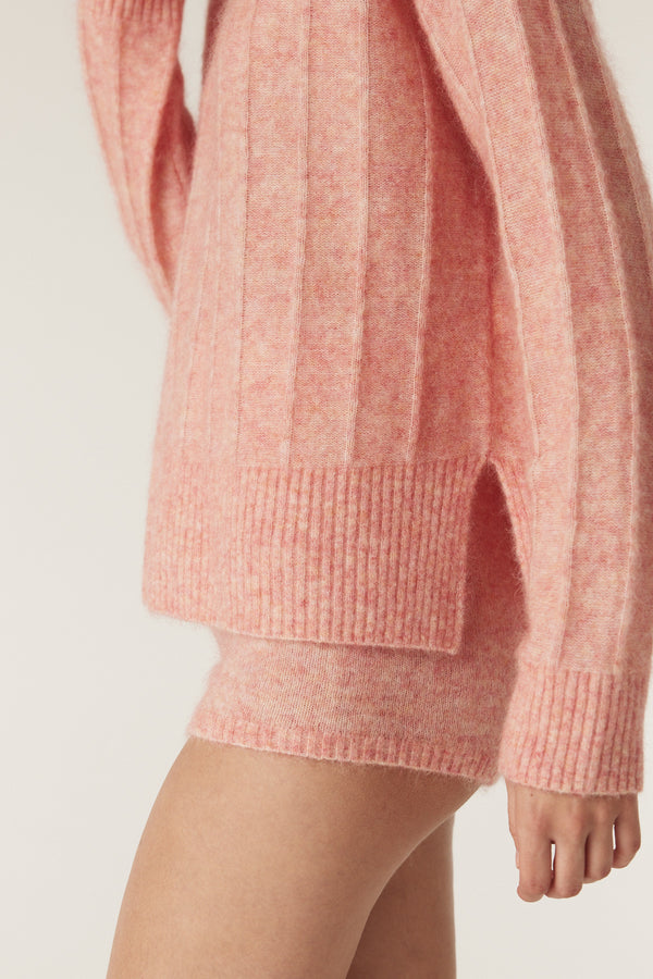 Melon mohair blend crew neck jumper with ribbed jersey stripe knit and matching shorts.