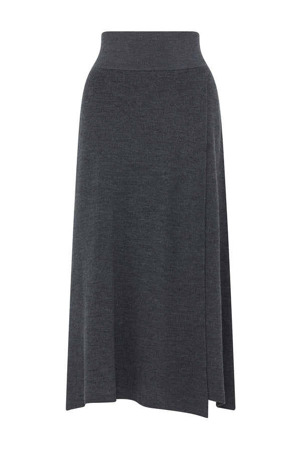Eloise Merino Skirt in charcoal, a ribbed knit midi skirt with a wide waistband and flowing A-line silhouette.