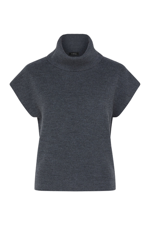 Charcoal Eloise Merino Top: Ribbed, short-sleeve sweater with a high turtleneck.