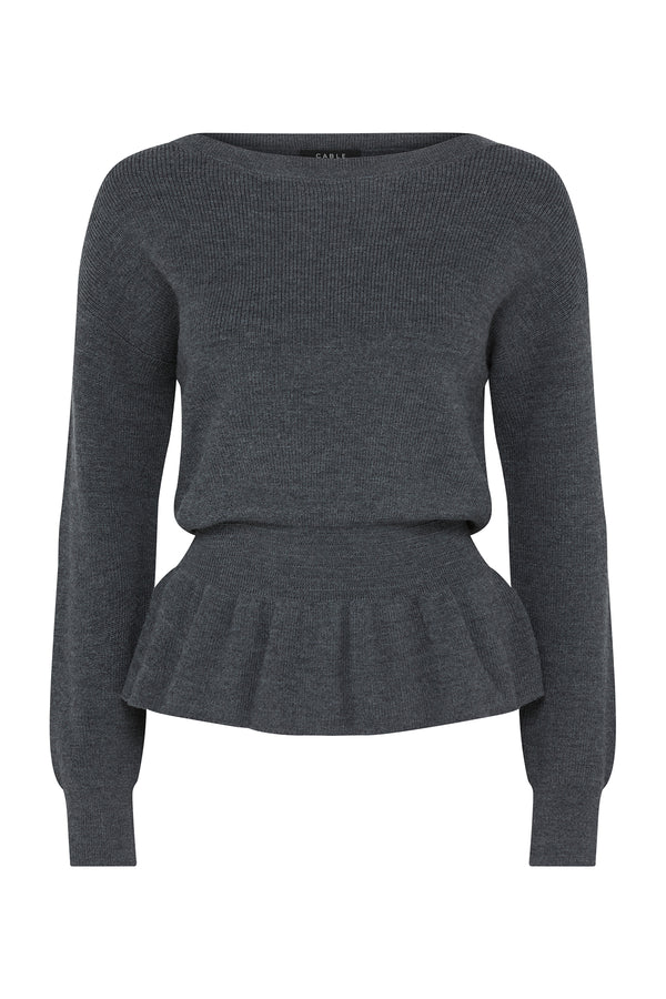 Charcoal merino wool peplum jumper with boat neck and ribbed texture.