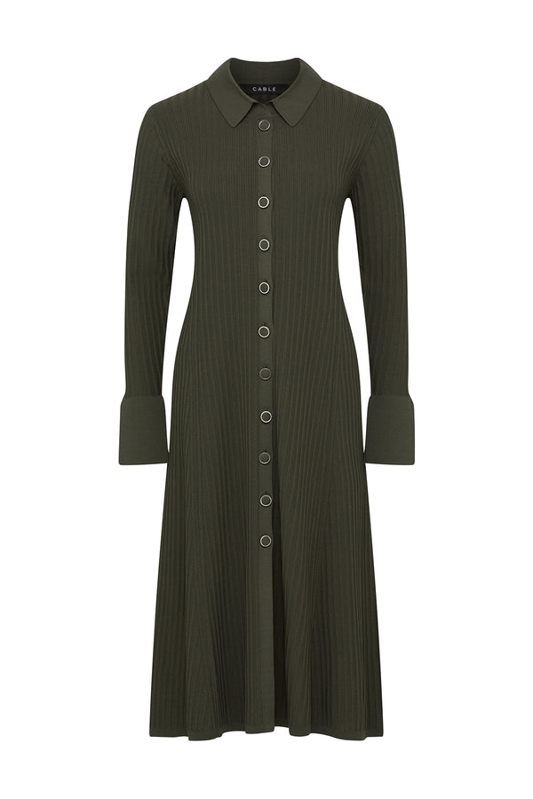 Khaki ribbed crepe midi dress with long sleeves, collared neckline, and front button closure.
