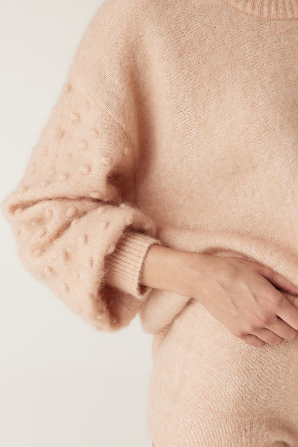 Nude mohair blend Colour Me Bobble Jumper with textured balloon sleeves and ribbed cuffs.