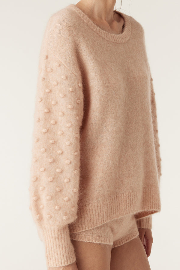 Nude mohair blend bobble jumper with balloon sleeves, crew neckline, and ribbed trims.