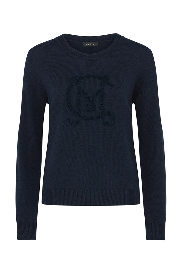 Navy Cashwool Logo Jumper with textured "C" and "M" monogram, ribbed cuffs and hem.