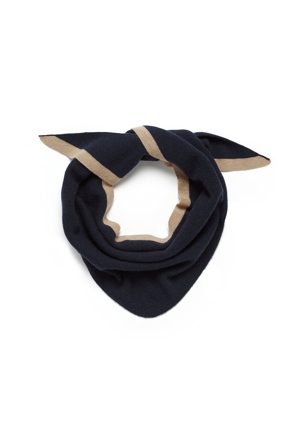 Navy Cashwool neck scarf with tan stripe detail, tied in a knot.