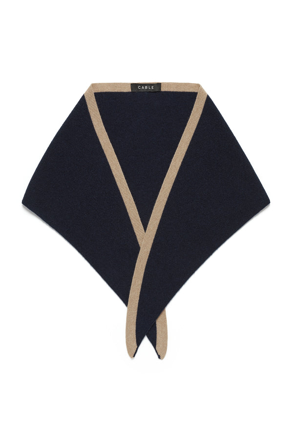 Navy Cashwool neck scarf with tan ribbed trim and pointed ends.