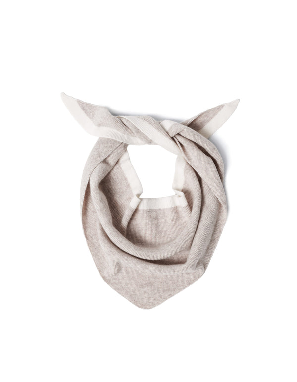 Oatmeal Cashwool neck scarf with white stripe detail, tied in a knot.