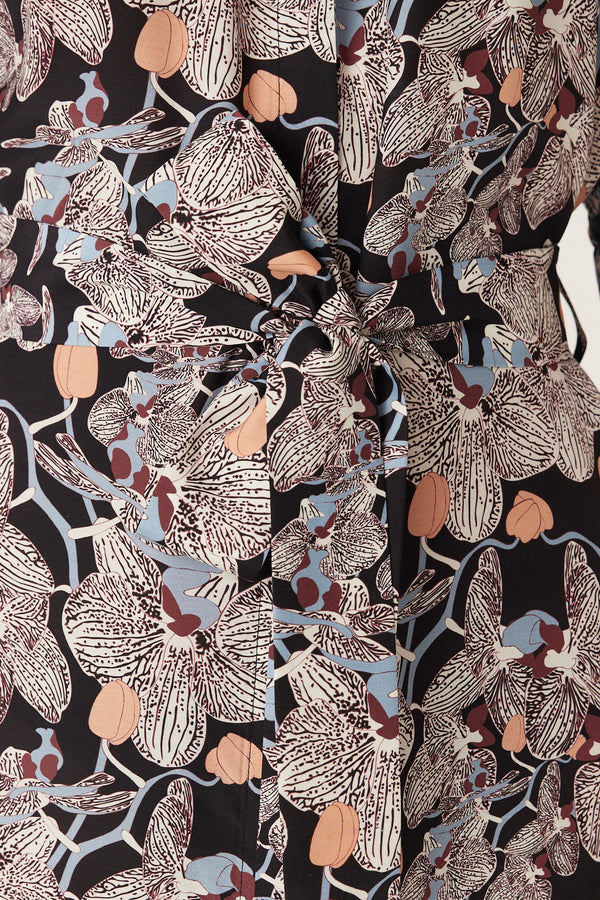 Black silk blend Leigh Midi Dress with orchid print, button front, and waist tie.