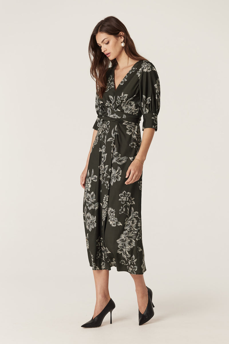 let me be long-sleeve v-neck floral a-line midi dress Holly Dress