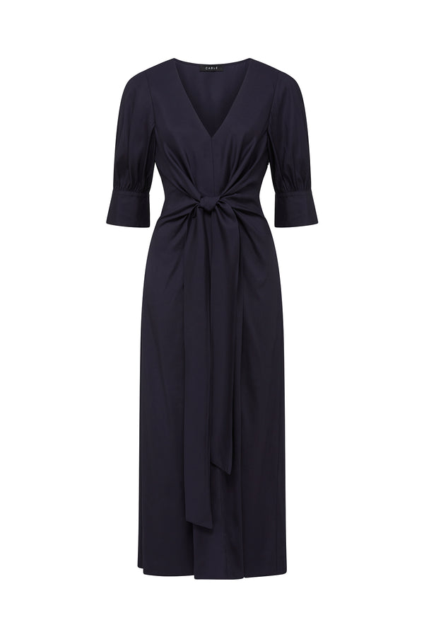 Navy Holly Dress with V-neck, elbow sleeves, and front obi-style wrap waist ties.