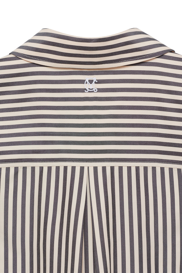 Khaki stripe Jamie shirt with horizontal and vertical stripes, classic collar, and embroidered logo.